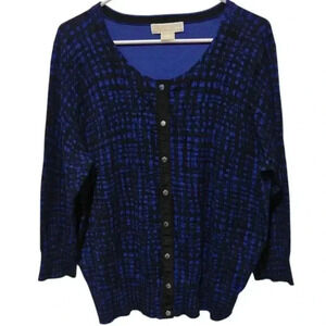 Michael Kors Cardigan 2X Abstract Plaid Button Down Sweater Royal Blue 3/4 Sleev